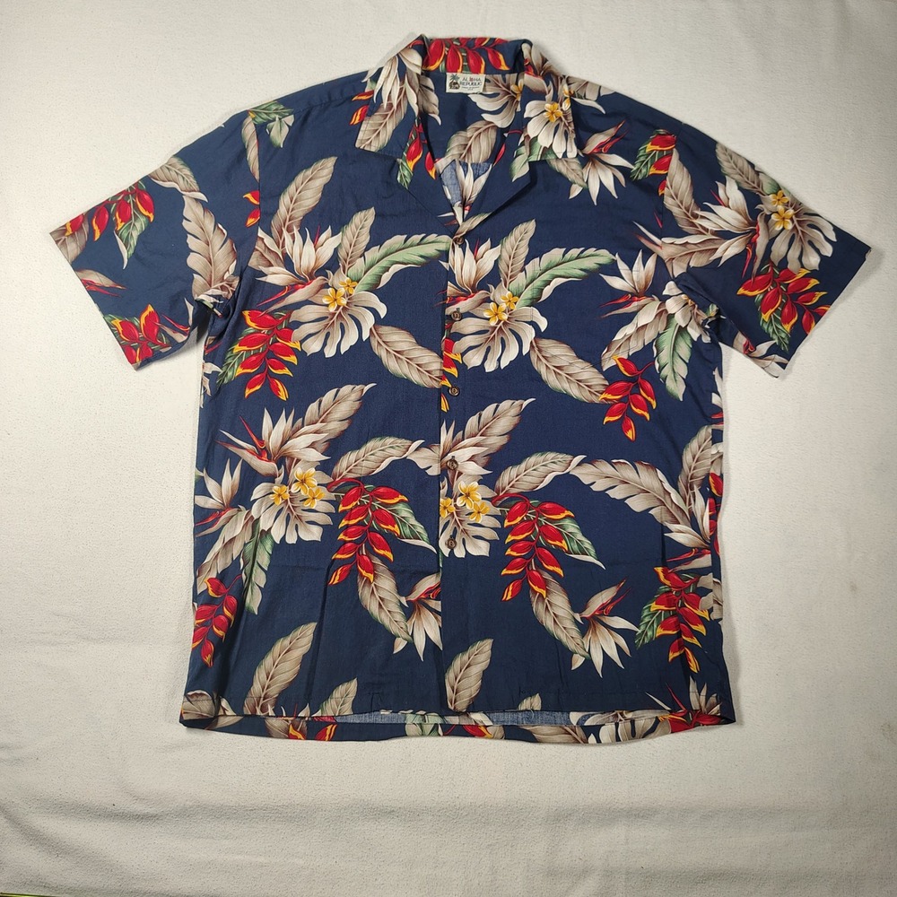 VINTAGE Aloha Republic Shirt Mens XL Blue Rayon Tropical Hawaiian Hibiscus USA
